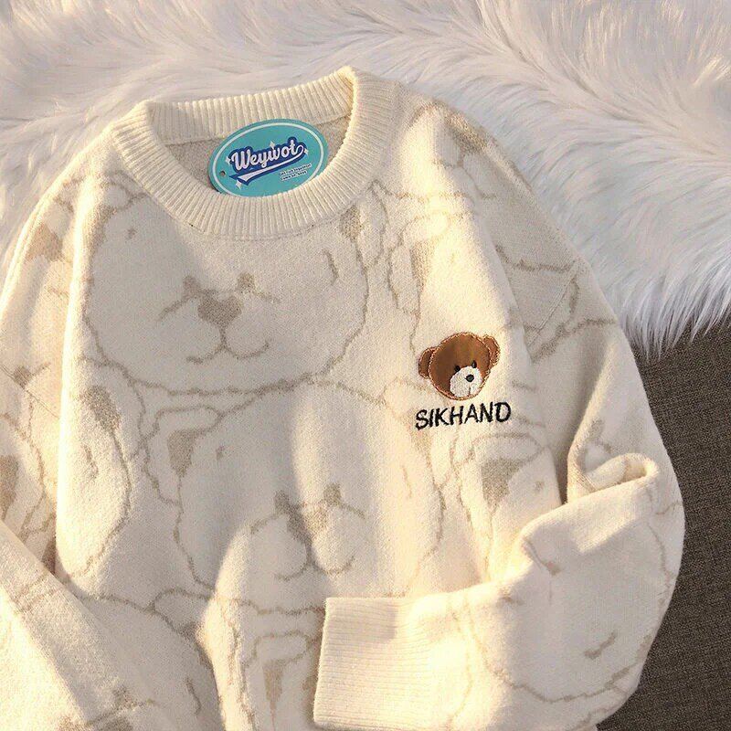 Japanese retro bear sweater female student casual pullover couple knitted sweater Harajuku commuting winter thickened warm top