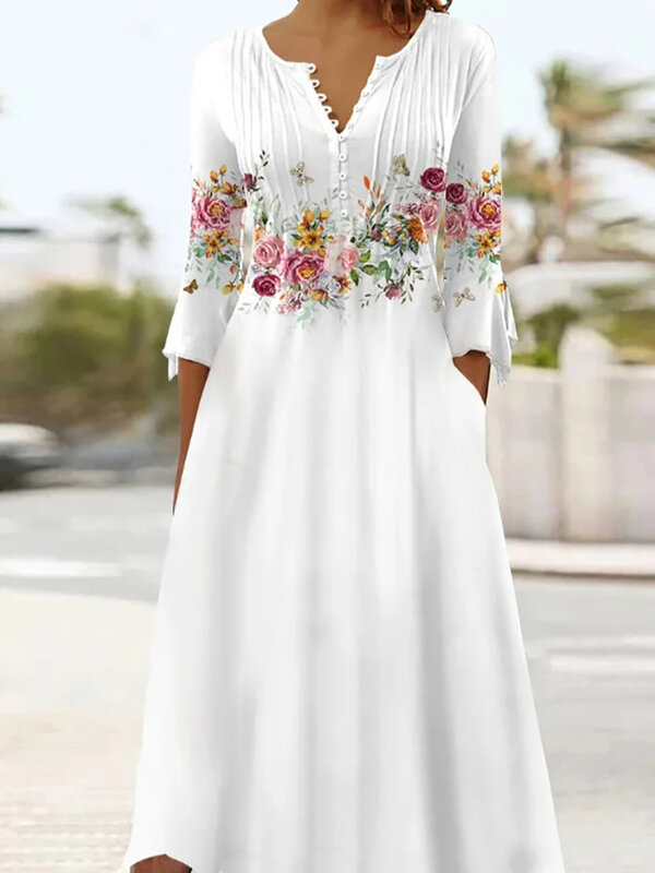 Patchwork Flowers Printing Pocket Dresses Summer Women Casual Streetwear Long Dress Femme V Neck Sleeved Vintage Dress Vestidos
