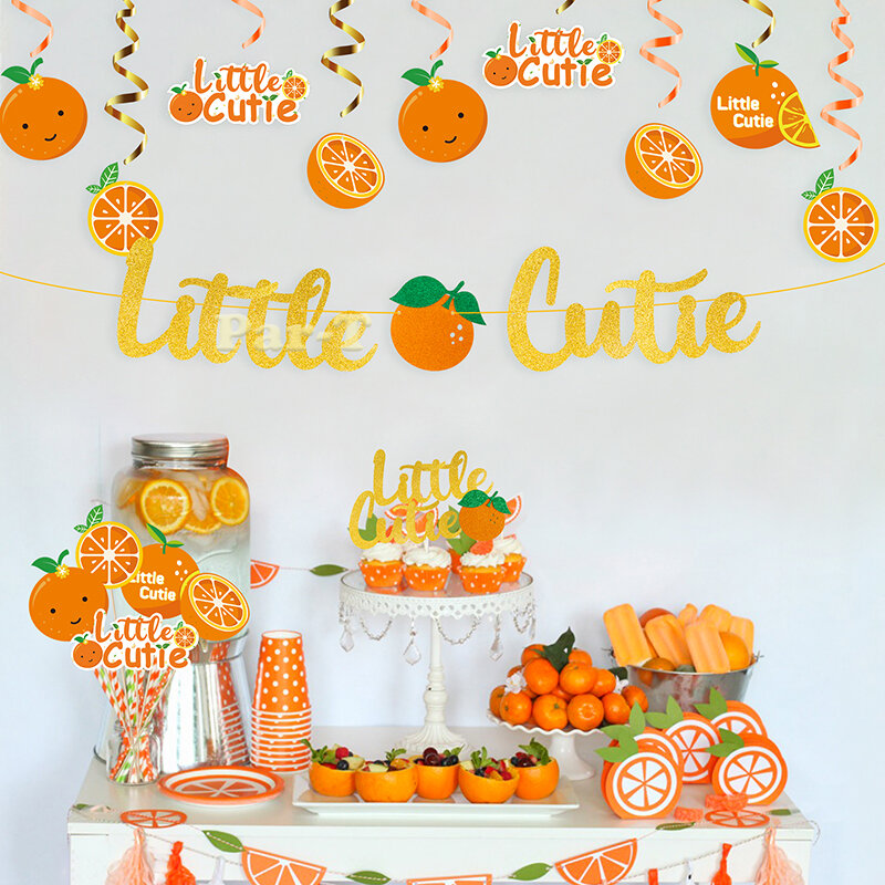 Little Cutie Baby Shower Party Decorations Orange Ceiling Spiral Whirl Cake Topper Cute Fruit Cartoon Backdrop Banner for Kids