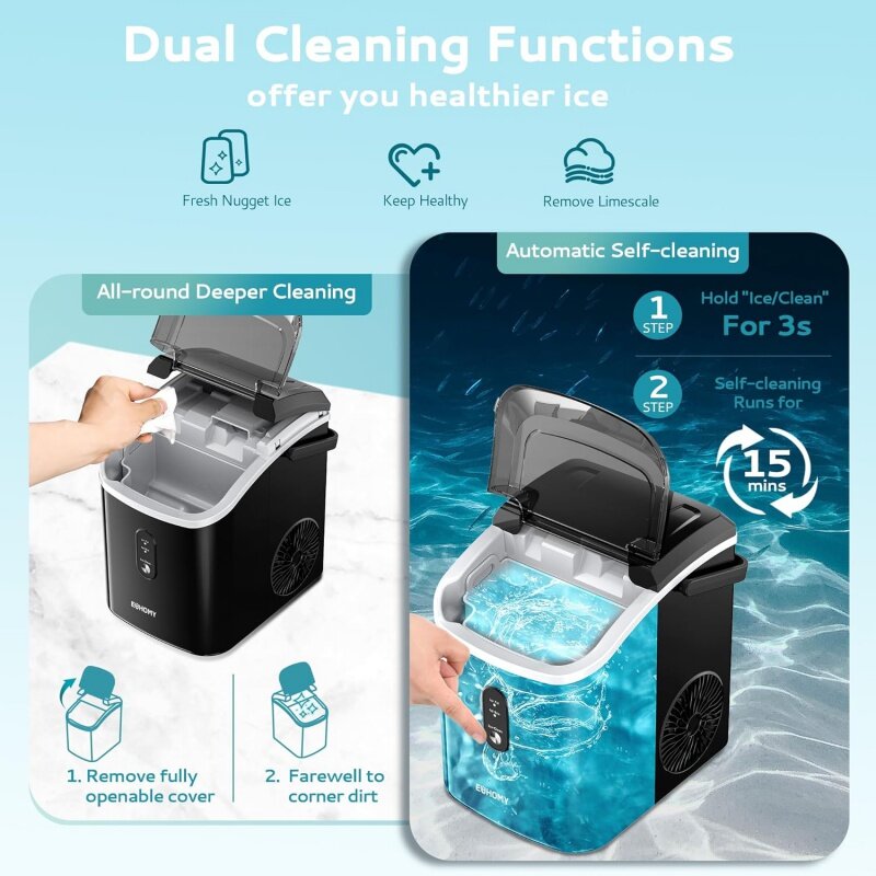 EUHOMY Nugget Ice Maker Countertop with Handle, Ready in 6 Mins, 34lbs/24H, Removable Top Cover, Auto-Cleaning, Portable Sonic I