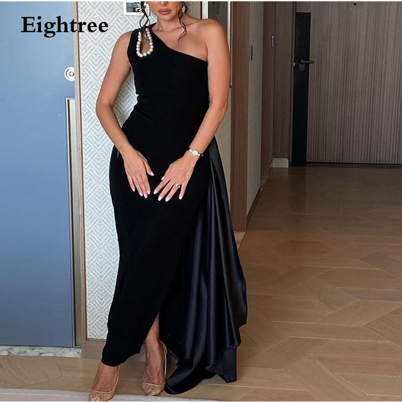 Eighree Black Saudi Arabia Prom Dresses Stain One Shoulder Leg Slit  Robes De Soirée 2024 Long Evening Dresses Formal Occasion