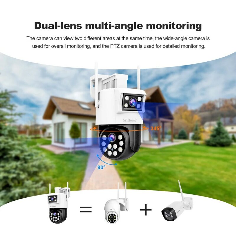 Srihome 4MP HD WiFi Dual Lens IP Camera Outdoor PTZ Cam AI Auto Tracking Security Video Surveillance CCTV Cam Cameras