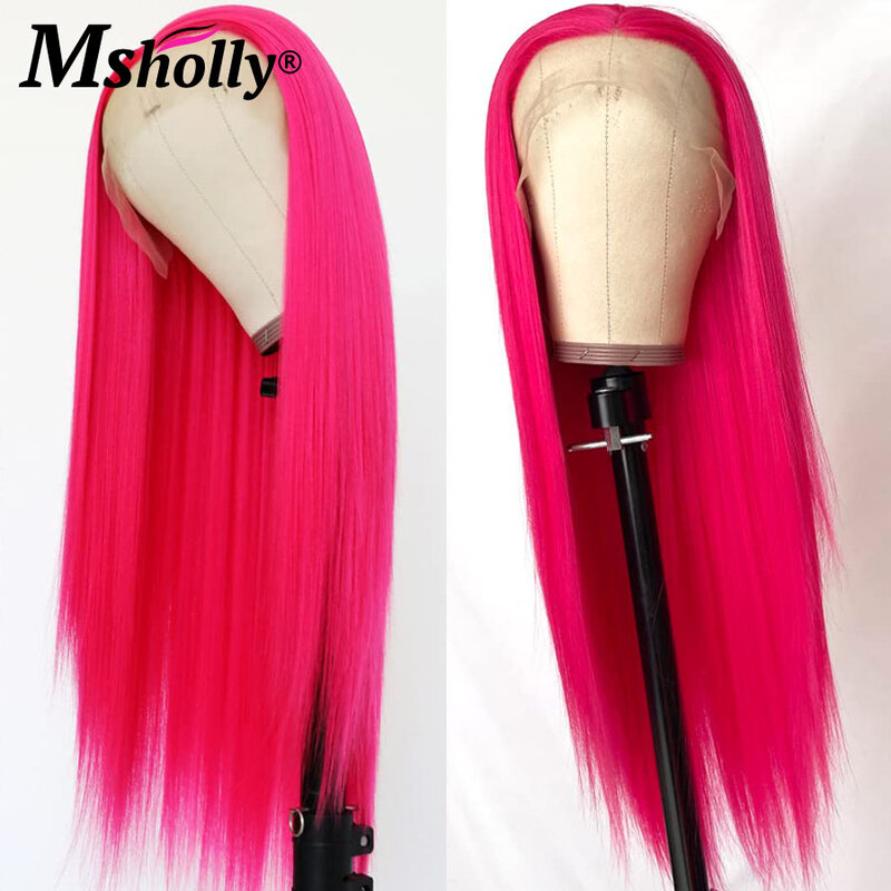 Женский парик из 100% натуральных волос, без клея, ярко-розовый