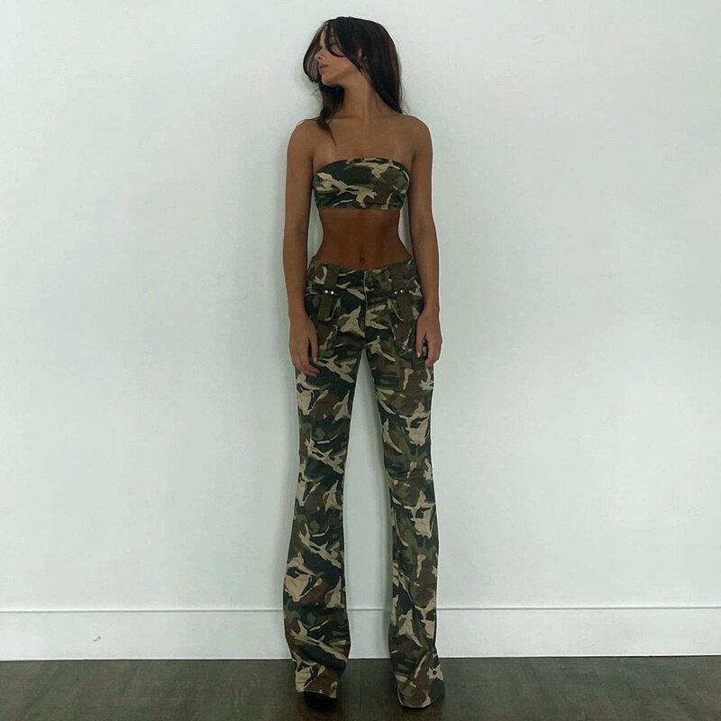 Camouflage Slim Fit Multi Pocket Workwear Women's Street Personality Straight Leg High Waist Pants