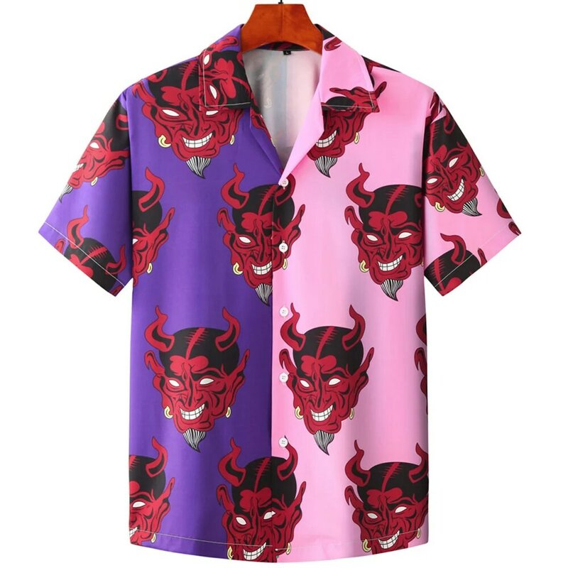 Гавайская рубашка для мужчин, воротник-кубинка, принт дьявола, модная уличная одежда, топ с коротким рукавом, модная Новая мужская одежда, лето