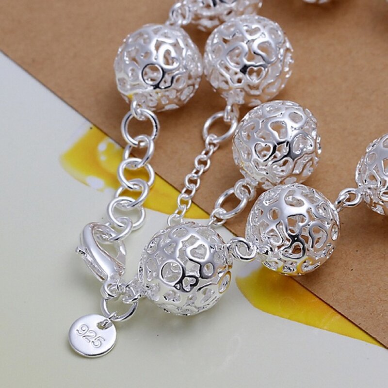 Mooie Mode Bruiloft 925 Stempel Zilveren Sieraden Vrouwen Charme Holle Grote Bal Armbanden Fabriek Prijs Gratis Verzending