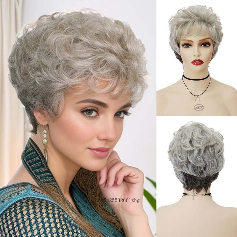 GNIMEGIL damska Grey peruka syntetyczna naturalna warstwowa fryzura krótkie kręcone peruka z grzywką starsza pań babka peruka Cosplay