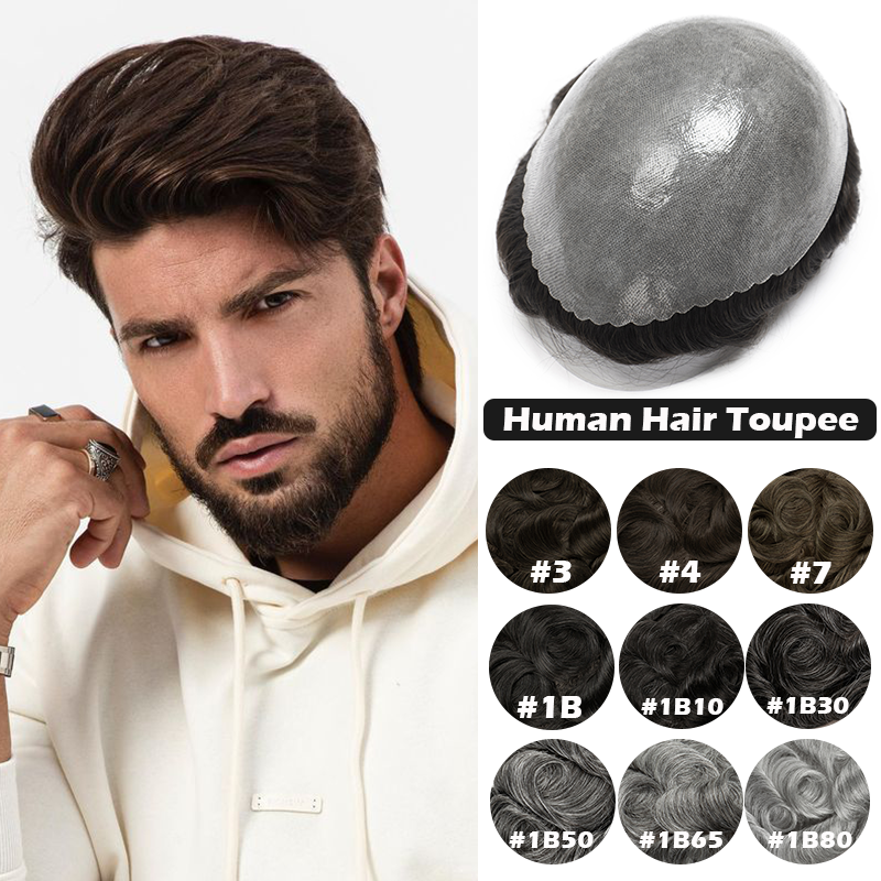 Rambut palsu pria injeksi 0.1-0.12mm kulit tipis Wig laki-laki Remy rambut manusia simpul ganda pria Sistem rambut prostesis kapiler Brasil