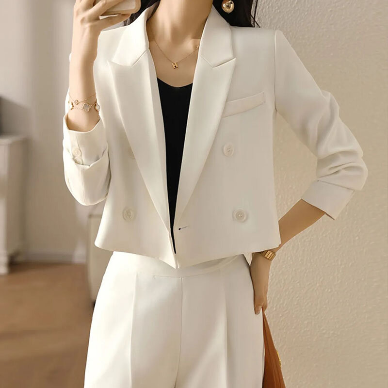 Lucyever schwarz kurz geschnittene Blazer für Frauen koreanische Mode Zweireiher Büro anzug Mantel Damen Vintage Langarm Oberbekleidung