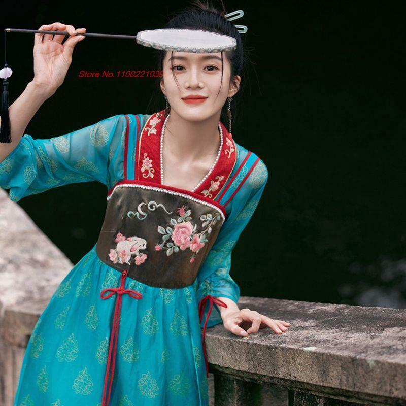 2024 Volkstanz Kostüm chinesische National mantel Riemen Kleid Set alten Blumen druck Prinzessin Chiffon Kleid Vintage Hanfu Kleid