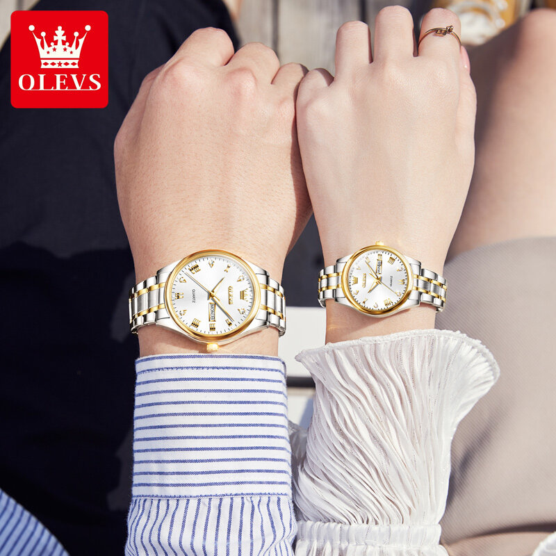 OLEVS นาฬิกาข้อมือคู่ชายหญิงสแตนเลส, นาฬิกาข้อมือควอตซ์ธุรกิจคลาสสิกเรืองแสงกันน้ำคู่รักนาฬิกาของเขาหรือของเธอ