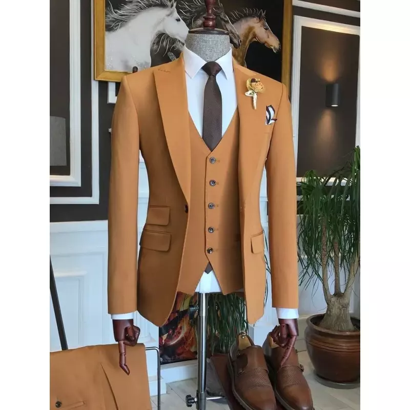 Traje de negocios naranja a medida para hombre, esmoquin Formal con solapa de pico, chaqueta, chaleco y pantalón, 3 piezas