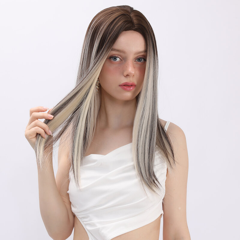 Dark Brown Synthetic Fiber Highlight Straight Hair For Women Middle Part Hair Wig Cosplay Natural Daily Party Heat Resistant Wig