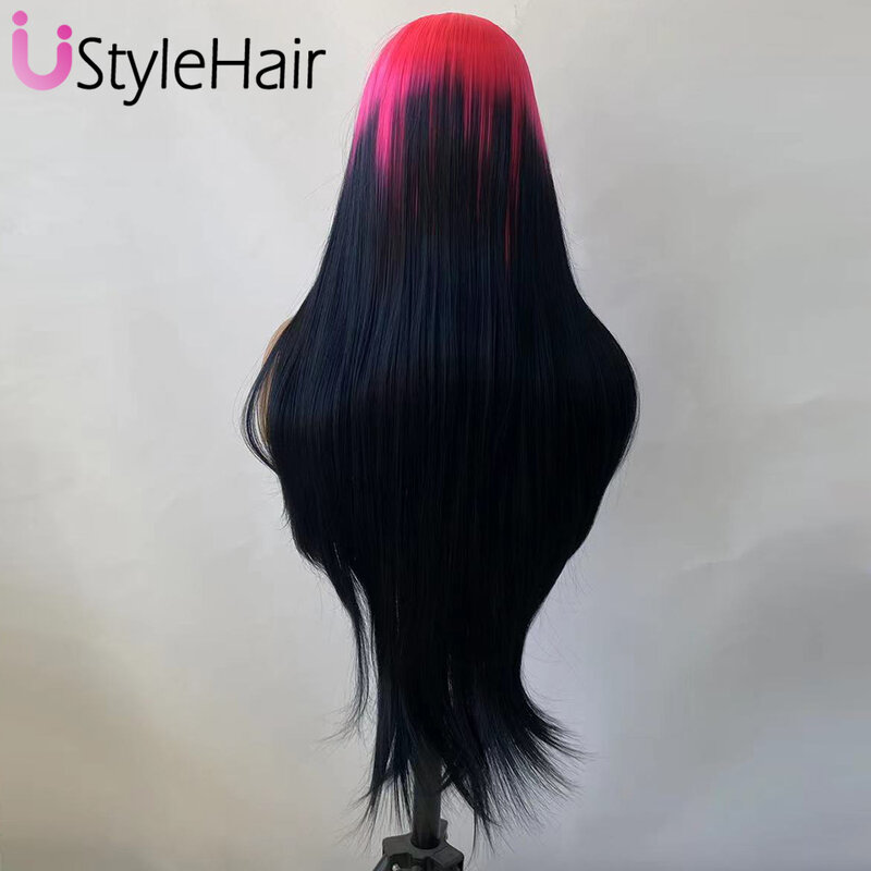 UStyleHair Black Pink Wig Long Silky Synthetic Lace Front Wig Pink Roots Ombre Black Lace Front Wig Daily Cosplay Heat Resistant