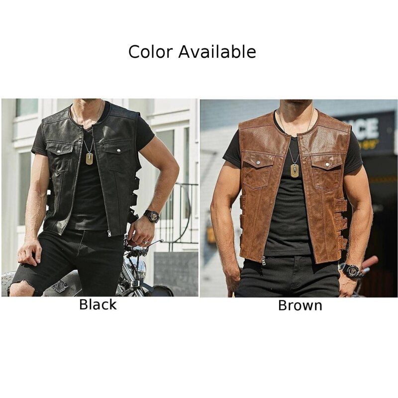 Autumn Men Biker Faux Leather Vest Jacket Waistcoat Motorcycle Vest Solid Color Zip Up Cardigan Vest Tops Male Streetwear