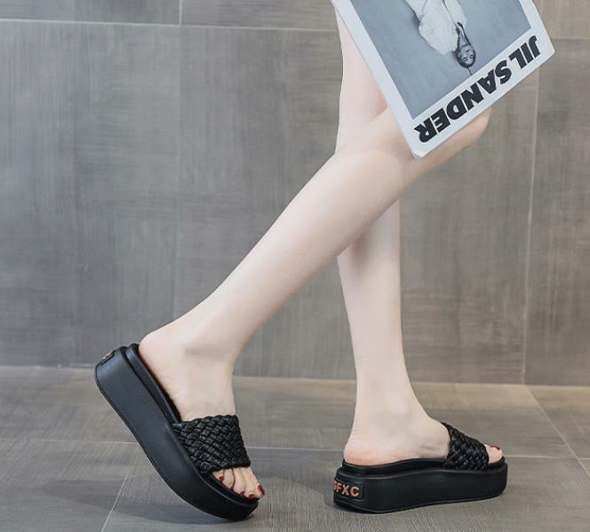 Chinelos de couro genuíno para mulheres, mulas de slides, sapatos de cunha plataforma, moda casual feminina, sandálias de alta marca, slides de tecer, 6cm