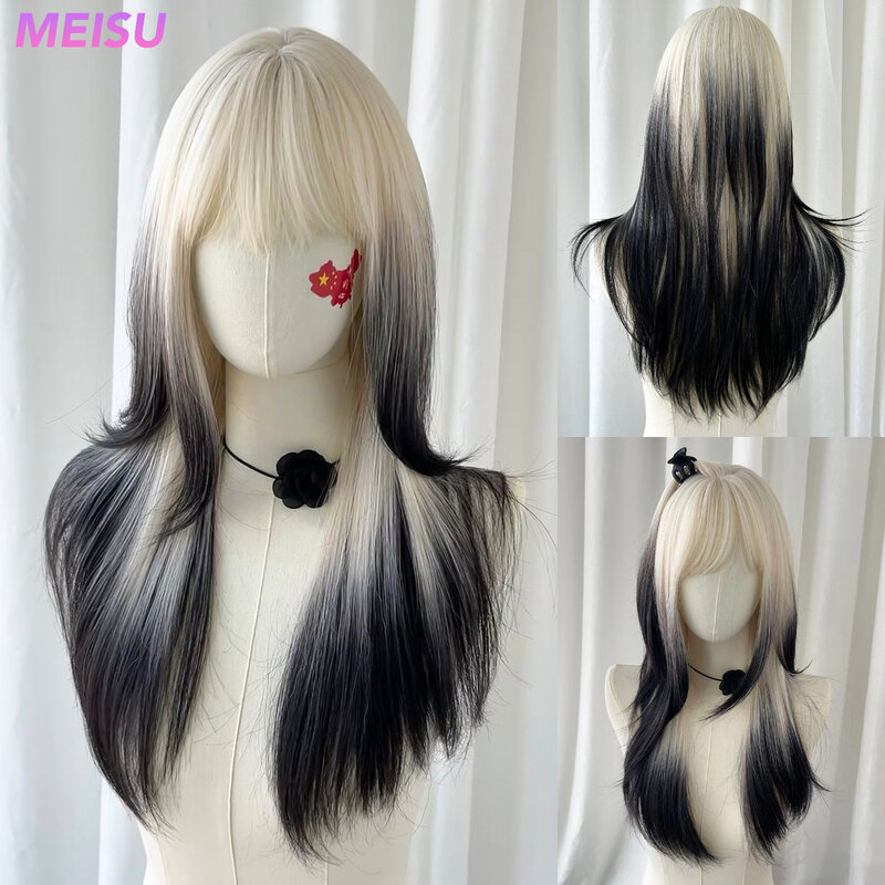 MEISU 여성용 스트레이트 가발, 블랙 블루 에어 앞머리, 24 인치 섬유 합성 가발, 내열성 내츄럴 파티 또는 셀카 일상 사용