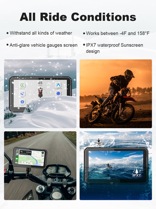 Portable 7 Inch Motorcycle Navigation GPS Wireless Apple Carplay Android Auto IPX7Waterproof Motorcycle BT Touch Screen Display