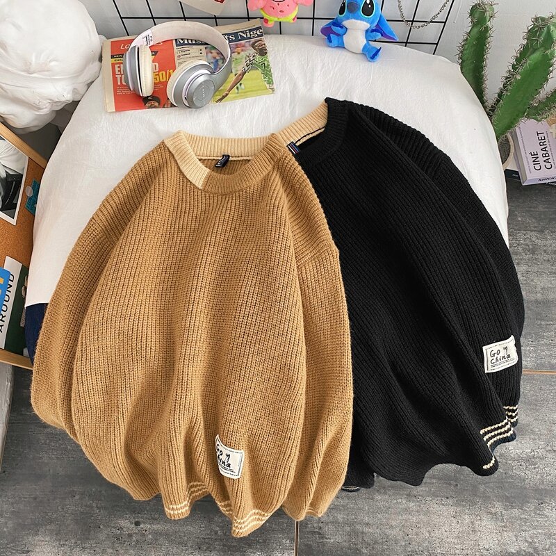 남성용 라운드 칼라 풀오버 스웨터, 두꺼운 보터밍 셔츠, 하라주쿠 한국 남성 의류, 단색 패션, 가을 및 겨울 신상