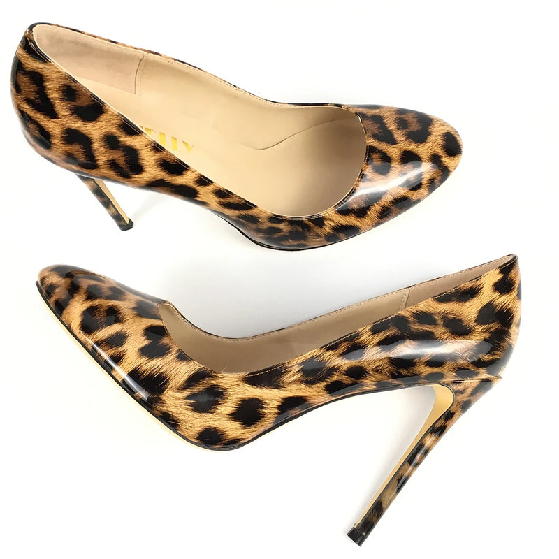 Zapatos de tacón alto con estampado de leopardo para mujer, calzado de charol con punta redonda, sin cordones, personalizado, para fiesta de noche, trabajo y carrera
