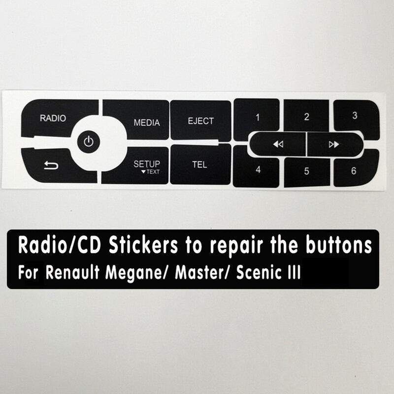 Carro CD Rádio Áudio Botão Reparação Decalques, Adesivos Pretos para Megane, Master III, Veículos LHD, 150x50mm, 1Pc