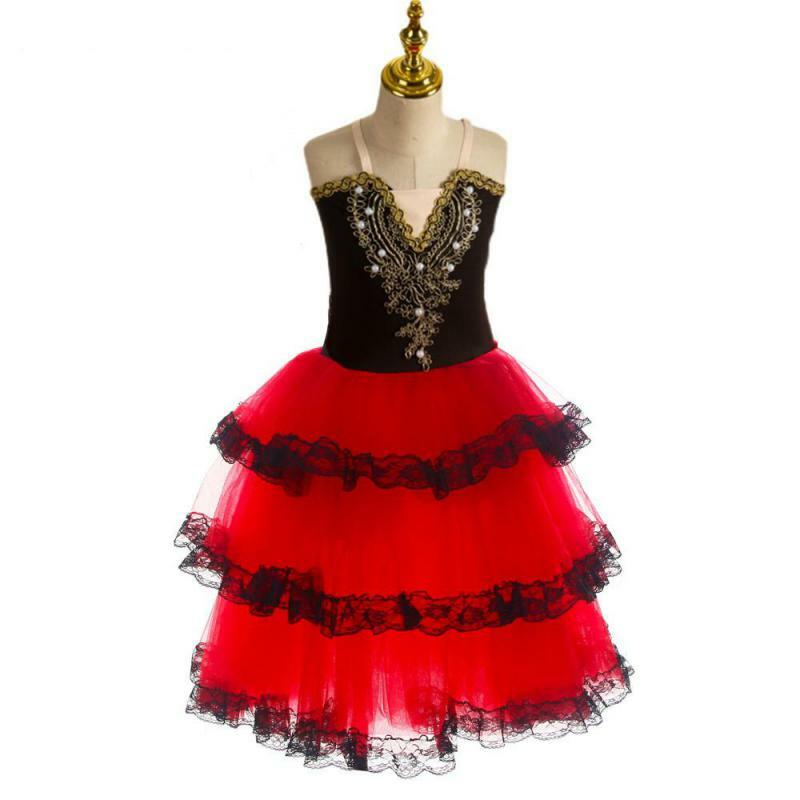 Rok Tutu balet romantis untuk anak perempuan anak-anak gaun Spanyol merah untuk wanita dewasa gaun panjang Tulle lembut kostum balerina performa