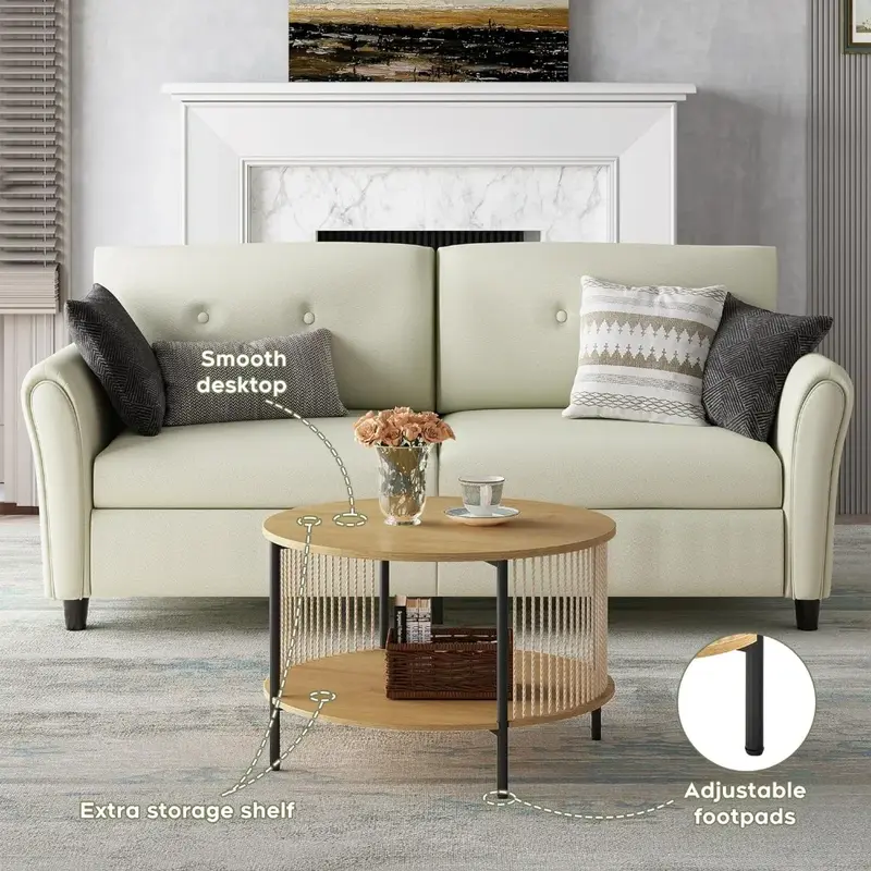 Couch tisch 3er-Set, Naturfaser seil runde Rattan-Couch tische aus Holz und zwei zweistufige Beistell tische, Café tische
