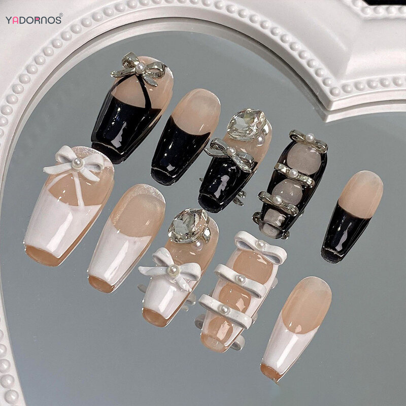 Unhas postiças com design bowknot, unhas postiças de balé branco, imprensa francesa preta nas unhas, unhas wearable 3D, decoração diamante, manicure DIY