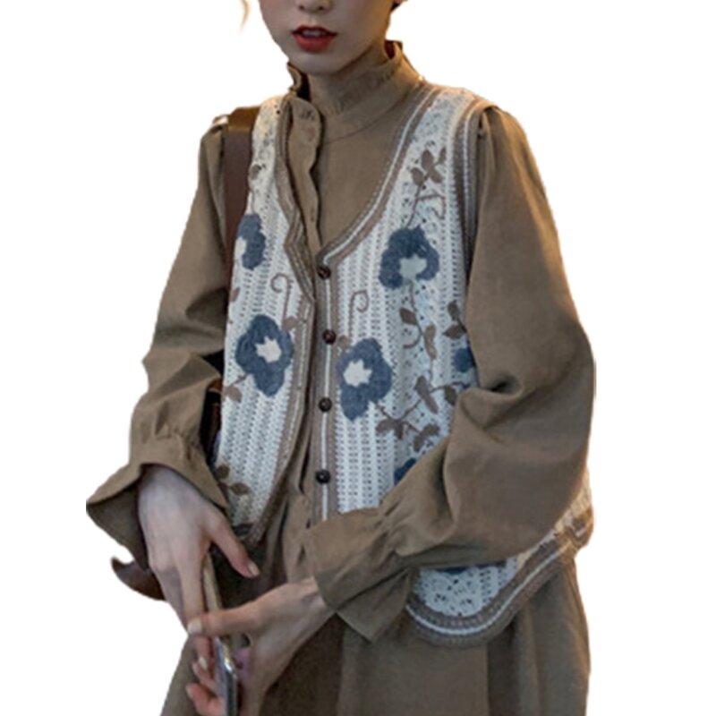 Estilo coreano mujeres Crochet Top corto punto chaleco Vintage Floral bordado sin mangas cárdigan para chaqueta botón abajo