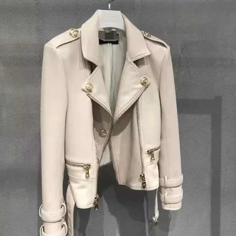 Jaqueta de couro real feminino casaco de pele de carneiro primavera casual magro motor biker manga comprida zíper lapela jaqueta senhora outerwear
