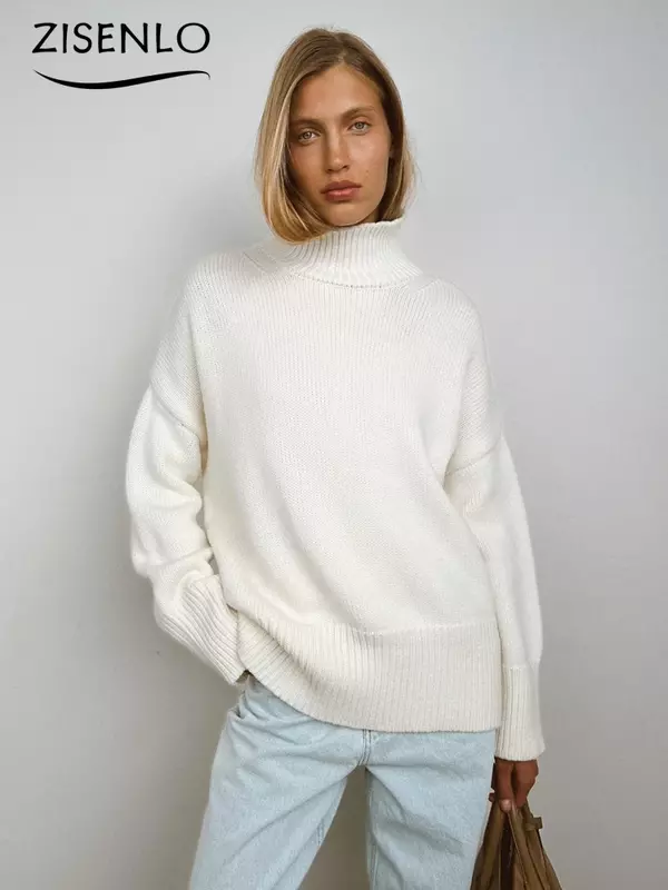 Modny sweter damski jesienny nowy sweter z golfem dojeżdżający do pracy w jednolitym kolorze dzianinowy sweter z długim rękawem ciepły luźny sweter sweter