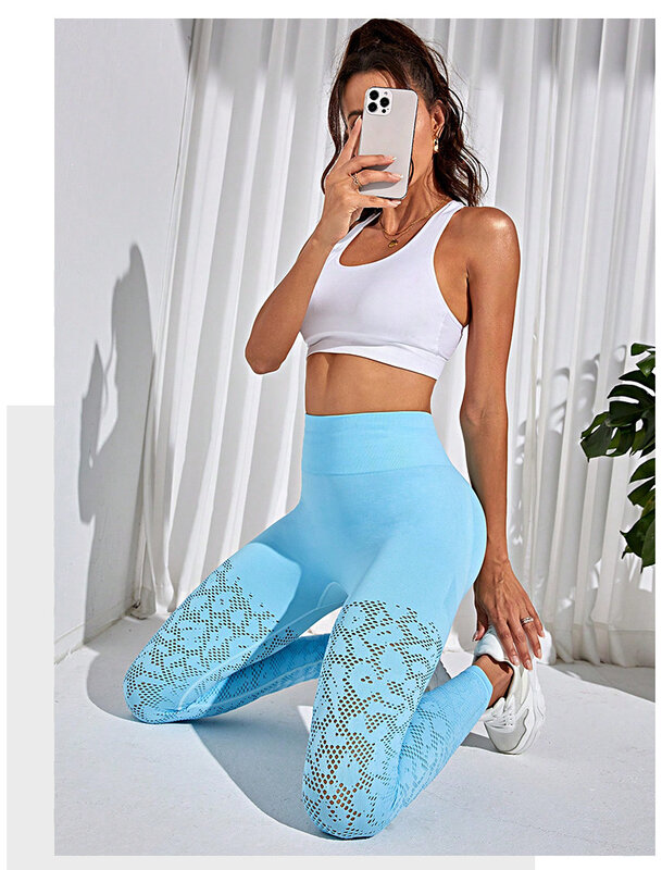 Women Seamless Leggings  Hollow Out Gym Leggings Ladies High Waist Soild Color Push Up Tight Fitness Yoga Pants for Women Sport