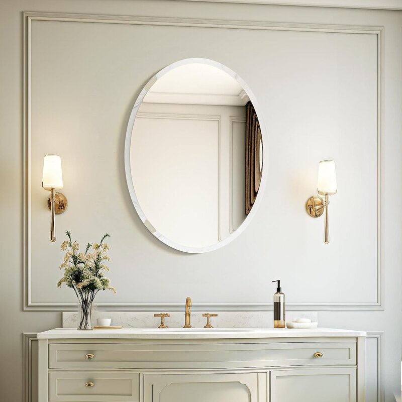 Specchio da parete ovale senza cornice da 20 "x 28" per bagno/vanità, bordo smussato, aspetto semplice ed elegante