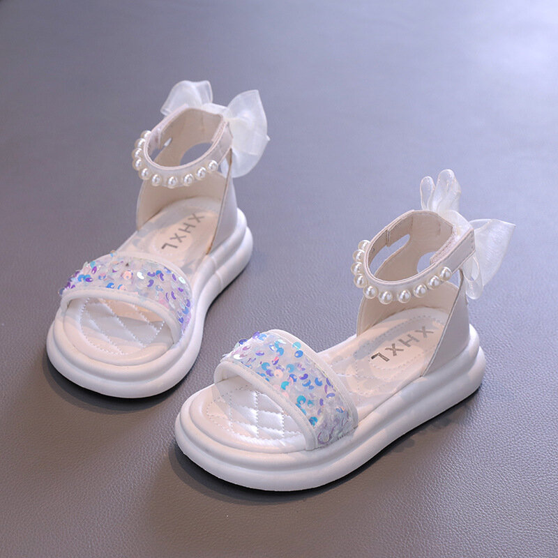 Sandal Romawi payet untuk anak perempuan, sandal Gladiator jari terbuka modis cantik motif Putri, sandal payet Musim Panas 2024 untuk anak perempuan