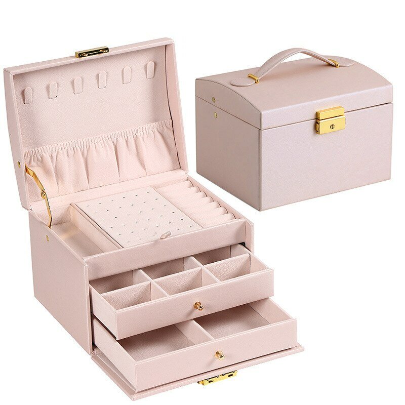 1 szt. wielofunkcyjny trzywarstwowy skórzany styl szuflady pudełko na biżuterię kolczyki zamek pudełko na biżuterię