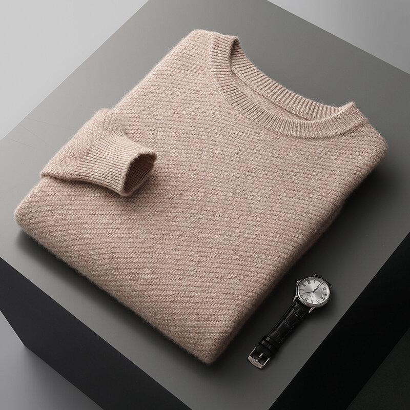 New 100% merino cashmere sweater in autumn and winter men's round neck twill seven-stitch double-ply thick knit pullover sweater