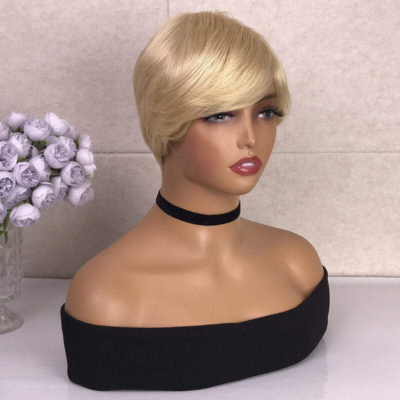 #613 blond proste włosy ludzkie peruka z grzywką krótka maszyna do fryzura Pixie wykonana peruki dla kobiet bezklejowe peruki 5 cali HairUGo