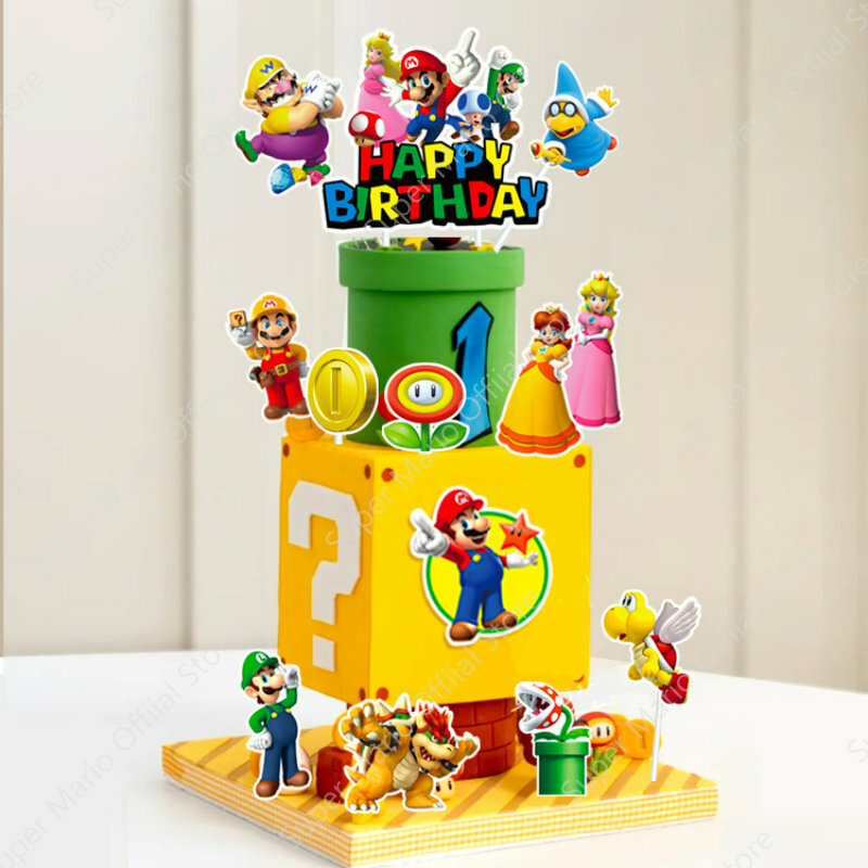 슈퍼 마리오 플러그인 세트 테마 시리즈 케이크 장식 카드, 어린이 생일 케이크, 휴일 파티 장식, 파티 용품, 23 + 1 개