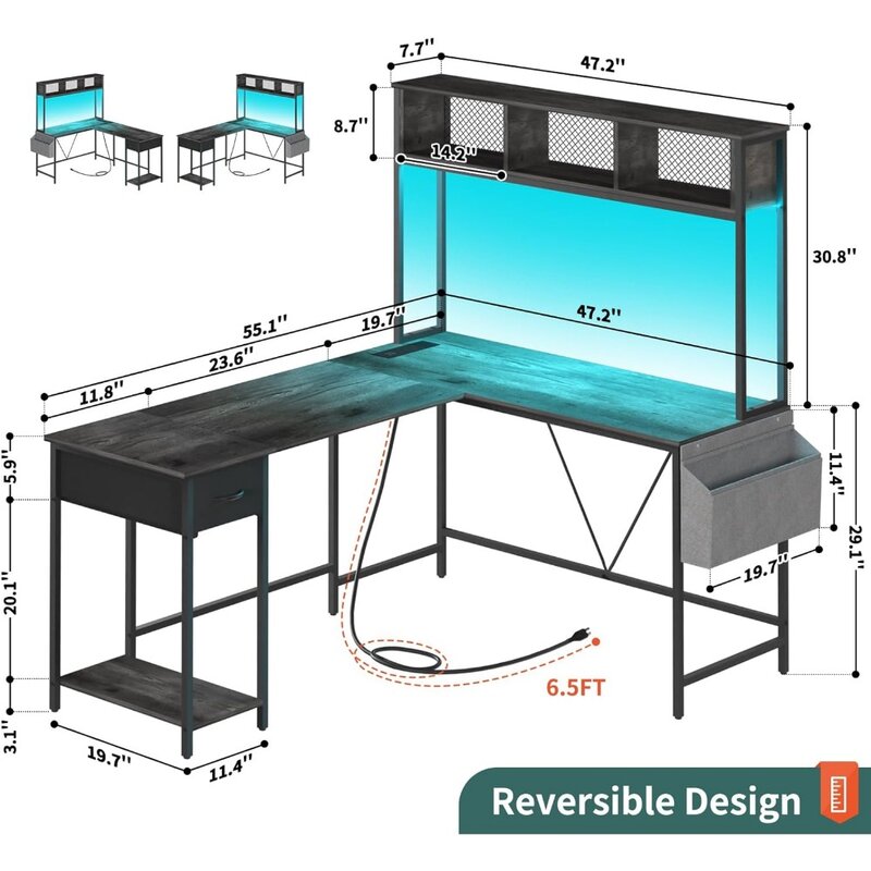 Yoobure โต๊ะเล่นเกมรูปตัว L พร้อมแถบไฟ LED และเต้าเสียบสายไฟโต๊ะคอมพิวเตอร์รูปตัว L แบบพลิกกลับได้พร้อมชั้นวางของและลิ้นชัก