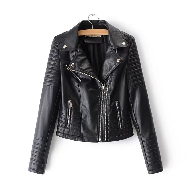 여성용 인조 가죽 재킷, 턴다운 칼라, PU 오토바이 블랙 펑크 코트, 여성 리벳 지퍼 아우터