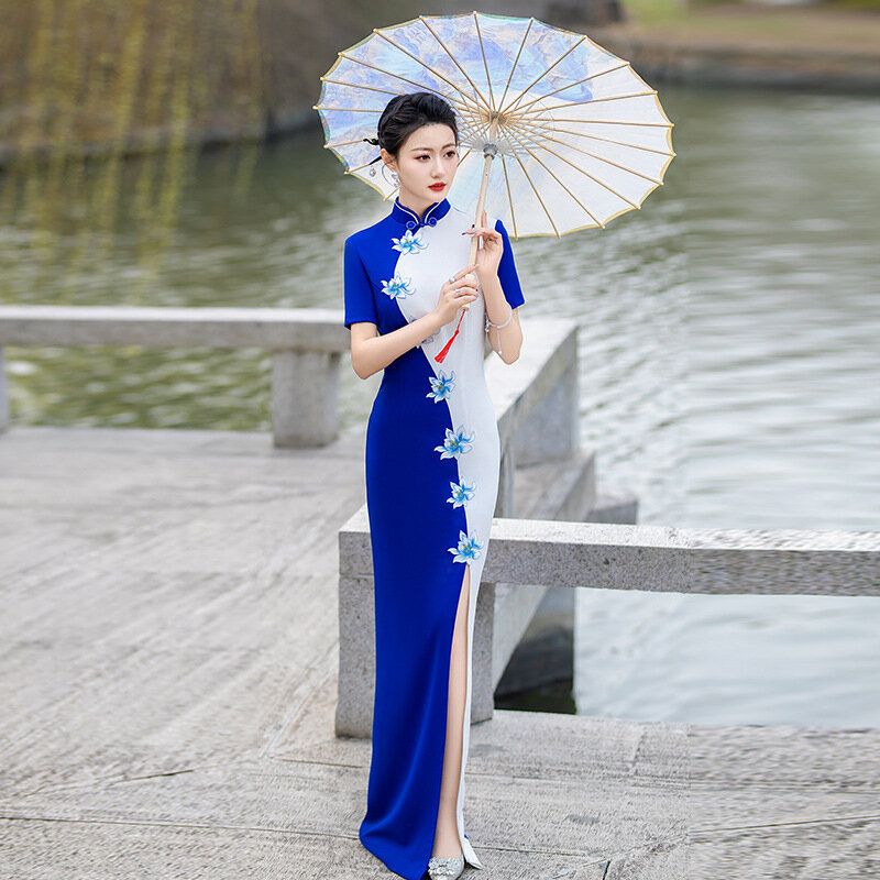 꽃무늬 중국 공식 파티 원피스 가운 새틴 여성 하이 스플릿 치파오 만다린 칼라 섹시한 치파오, 특대 5XL 그레이스 베스티도