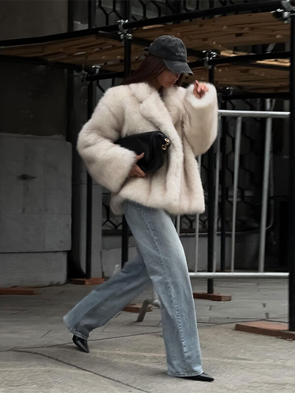 Moda damska sztuczne futra jednolita, z kołnierzykiem w stylu Vintage luźne z długim rękawem ciepłe płaszcze jesienno-zimowa moda damska gruba odzież uliczna