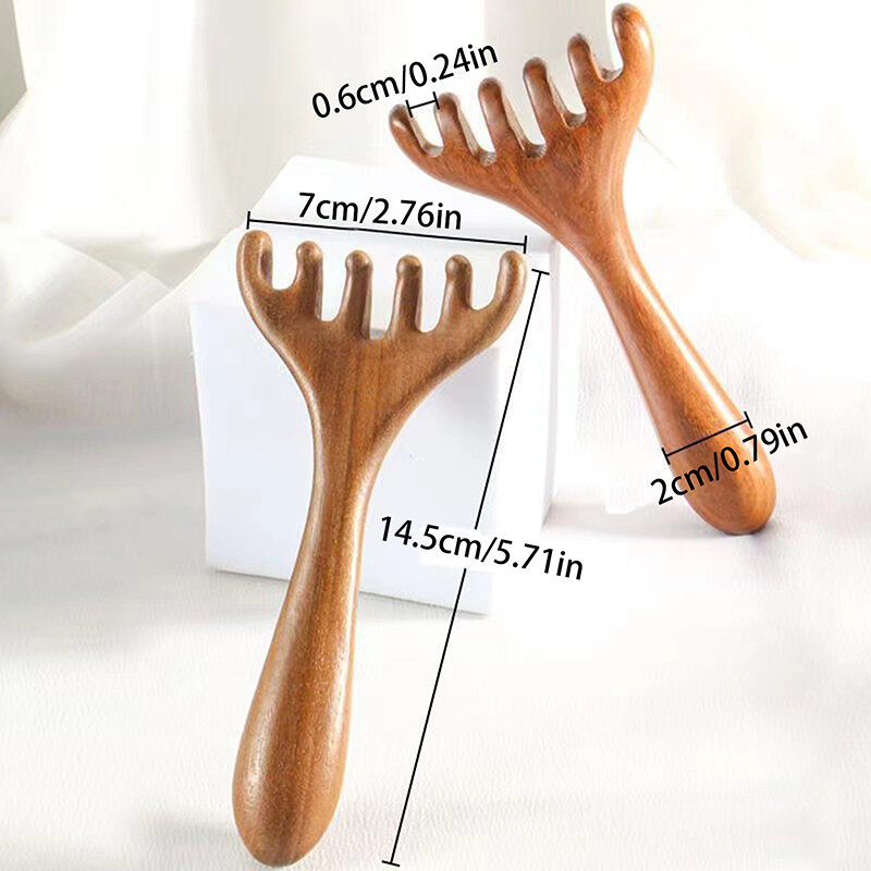 Natural Wooden Wide Tooth Long Handle Comb Meridian Massage Anti-static Head Six Claw Massager Promote Blood Circulation