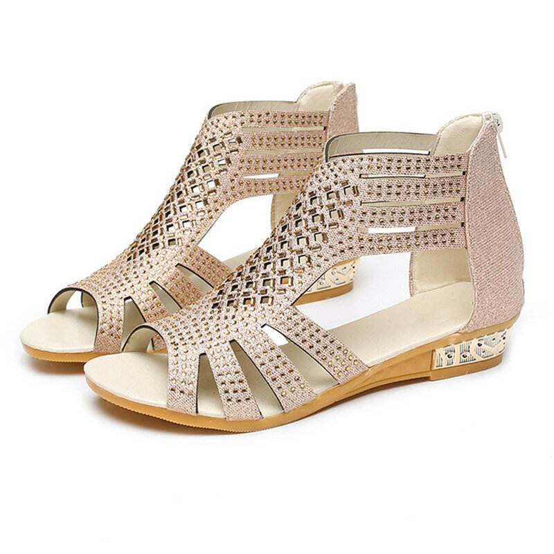 Женские пляжные туфли с блестящими кристаллами и бриллиантами, Летняя ажурная обувь на танкетке, римские сандалии с открытым носком, женская обувь на молнии
