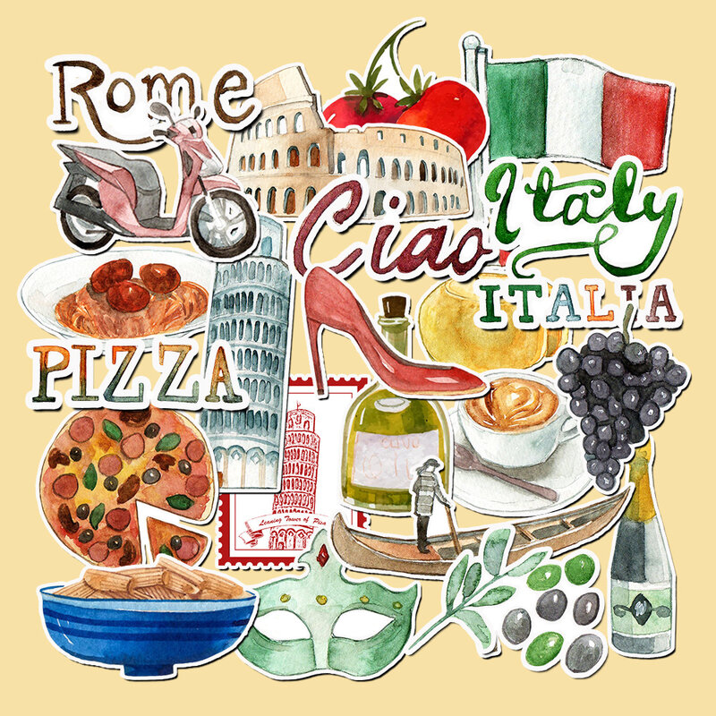 Set of 23 Watercolor Italy Travel Stickers - Add a touch of Italian Beauty to Journals, Scrapbooks, and Laptops