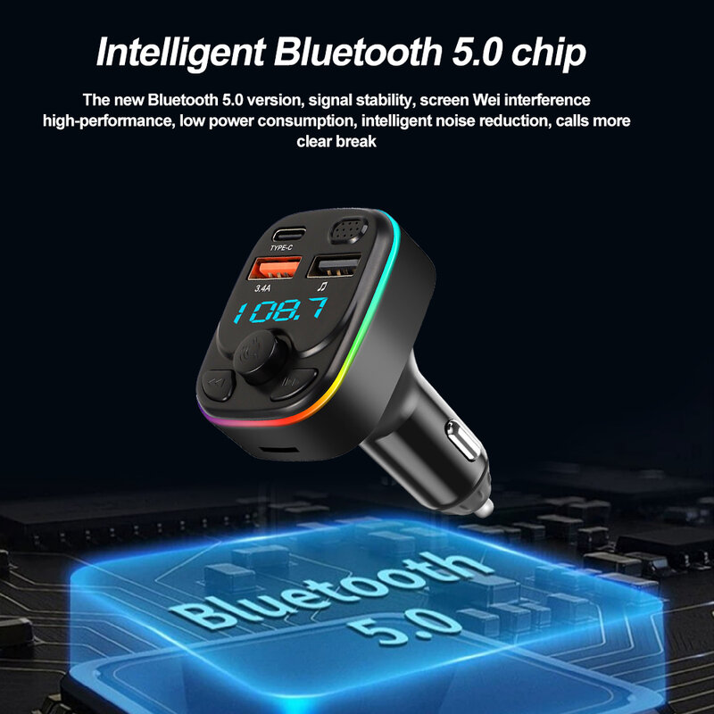 Transmisor FM con Bluetooth 5,0 para coche, USB Dual tipo C, Cargador rápido de 3,4a, luz LED retroiluminada, reproductor MP3, música sin pérdidas