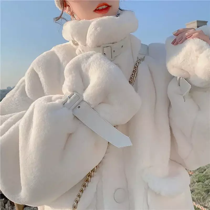 Jaqueta de imitação feminina, sobretudo quente, estilo coreano, casaco de bolso de peito único doce, parkas rosa e branco, moda outono e inverno