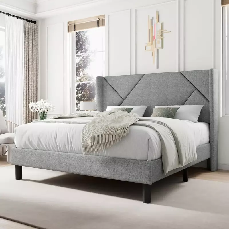 Modern Platform Bed with Minimalist Headboard, 8-in Storage Space/Heavy-Duty Structure/No Box Spring Needed/Noise-Free