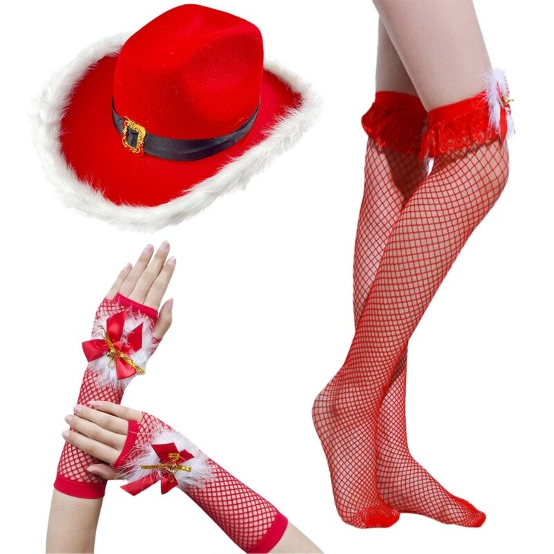 Cappello da cowboy natalizio Calza a rete e guanti senza Accessori per foto Guanti da polso piumati Calza per giochi