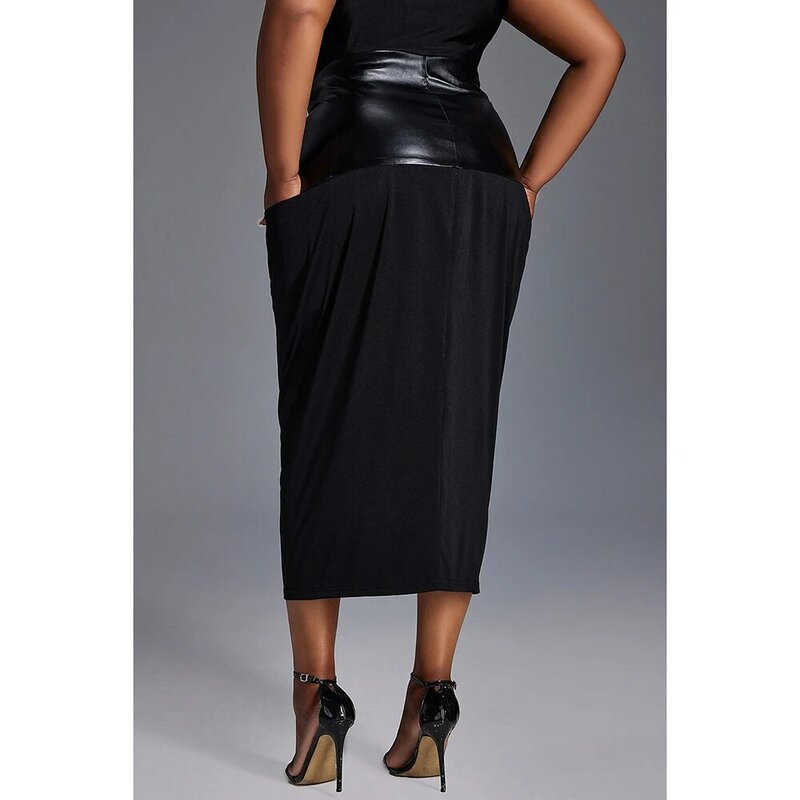 Plus Size Daily Skirt Black Pu-Leather Bodycon Denim Patchwork Skirt With Pocket